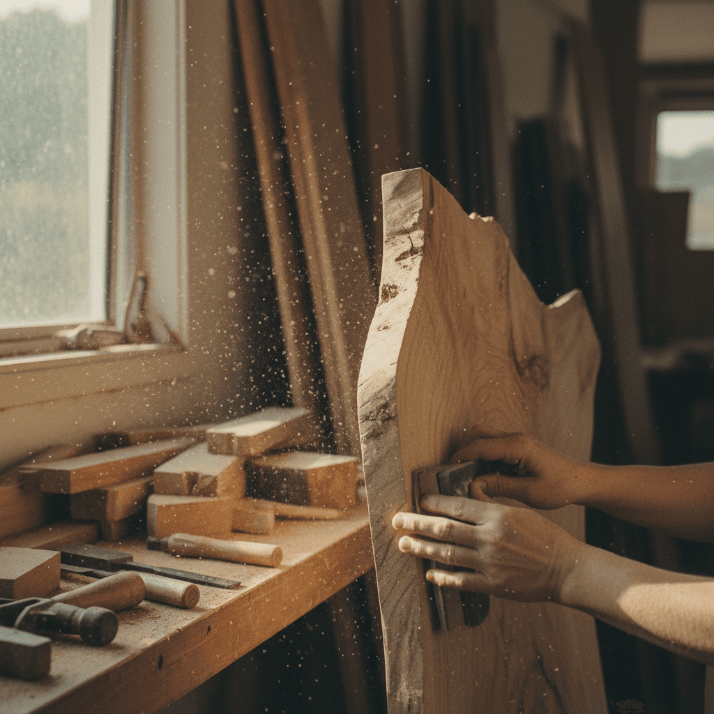 Hands sanding a raw timber wall hanging