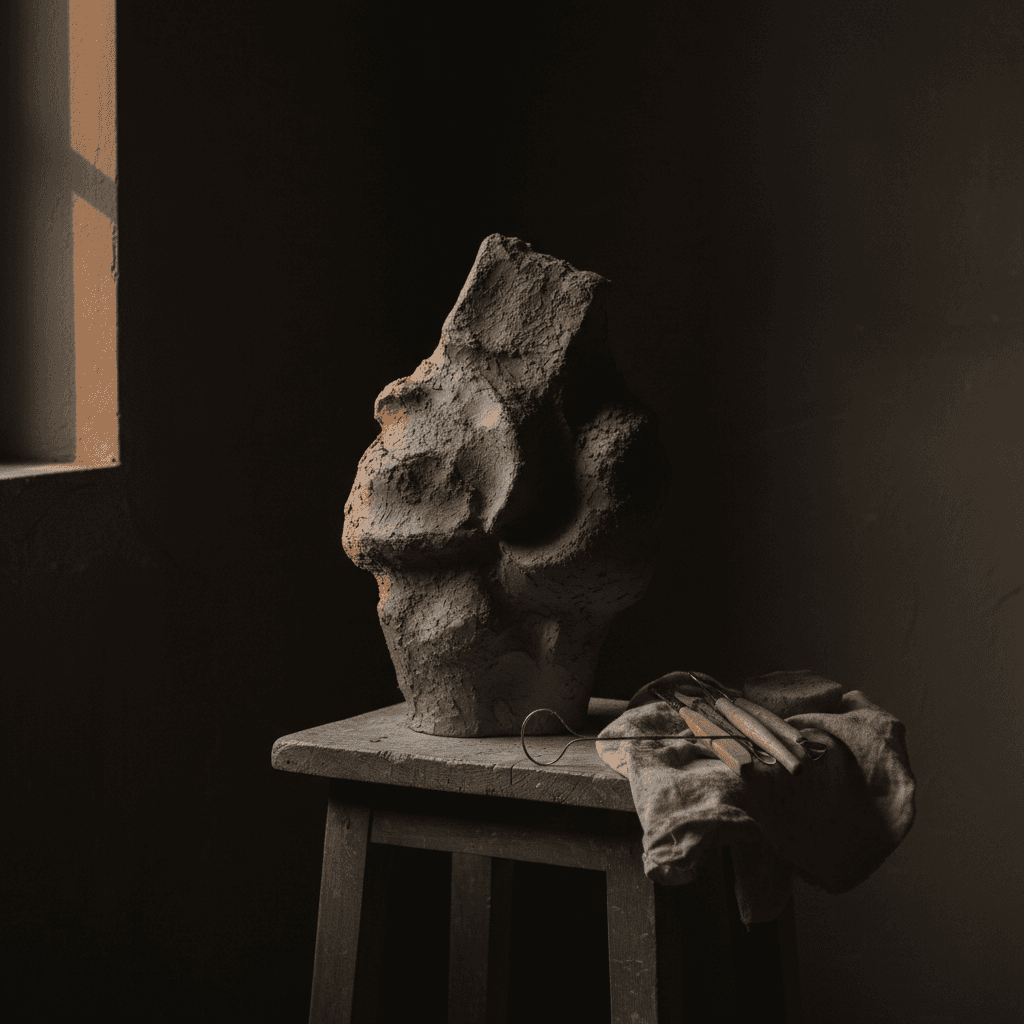 Hand-built clay sculpture with textured finish