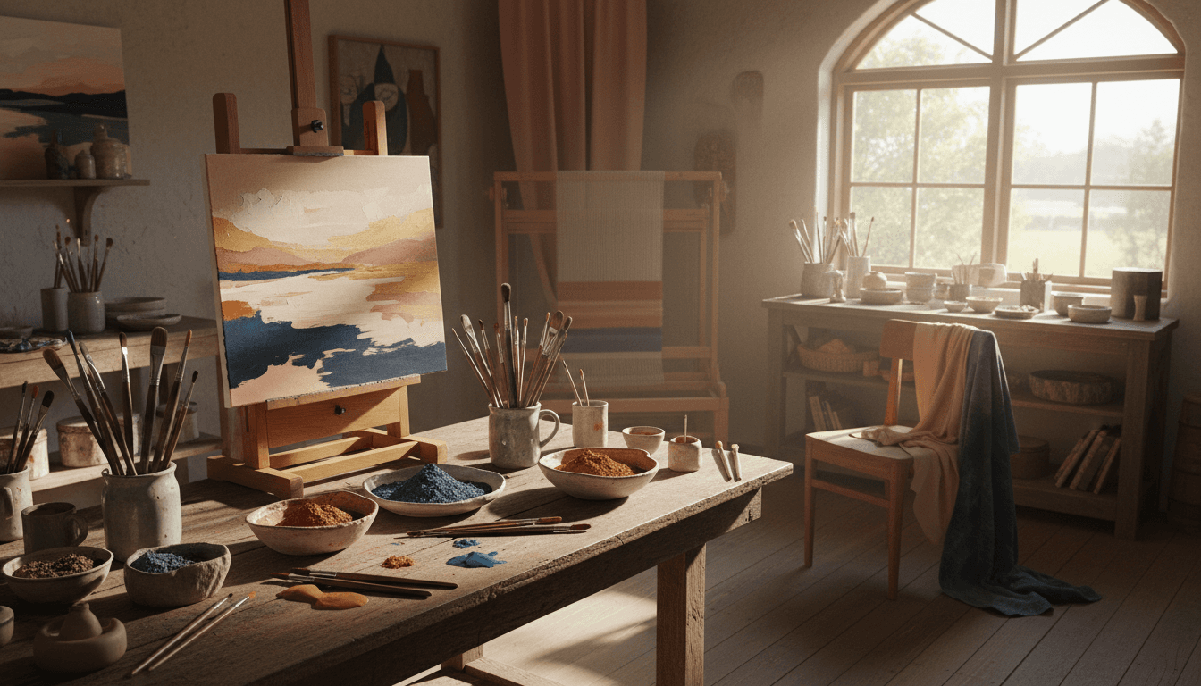 Sunlit artist studio workbench with brushes, pigments, and a half-finished canvas on an easel