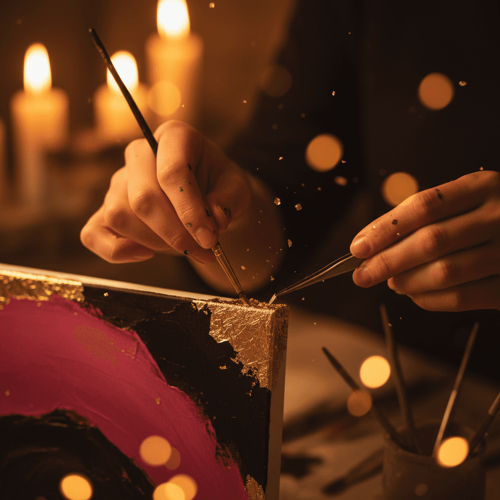 Hands applying gold leaf to the edge of a painted canvas