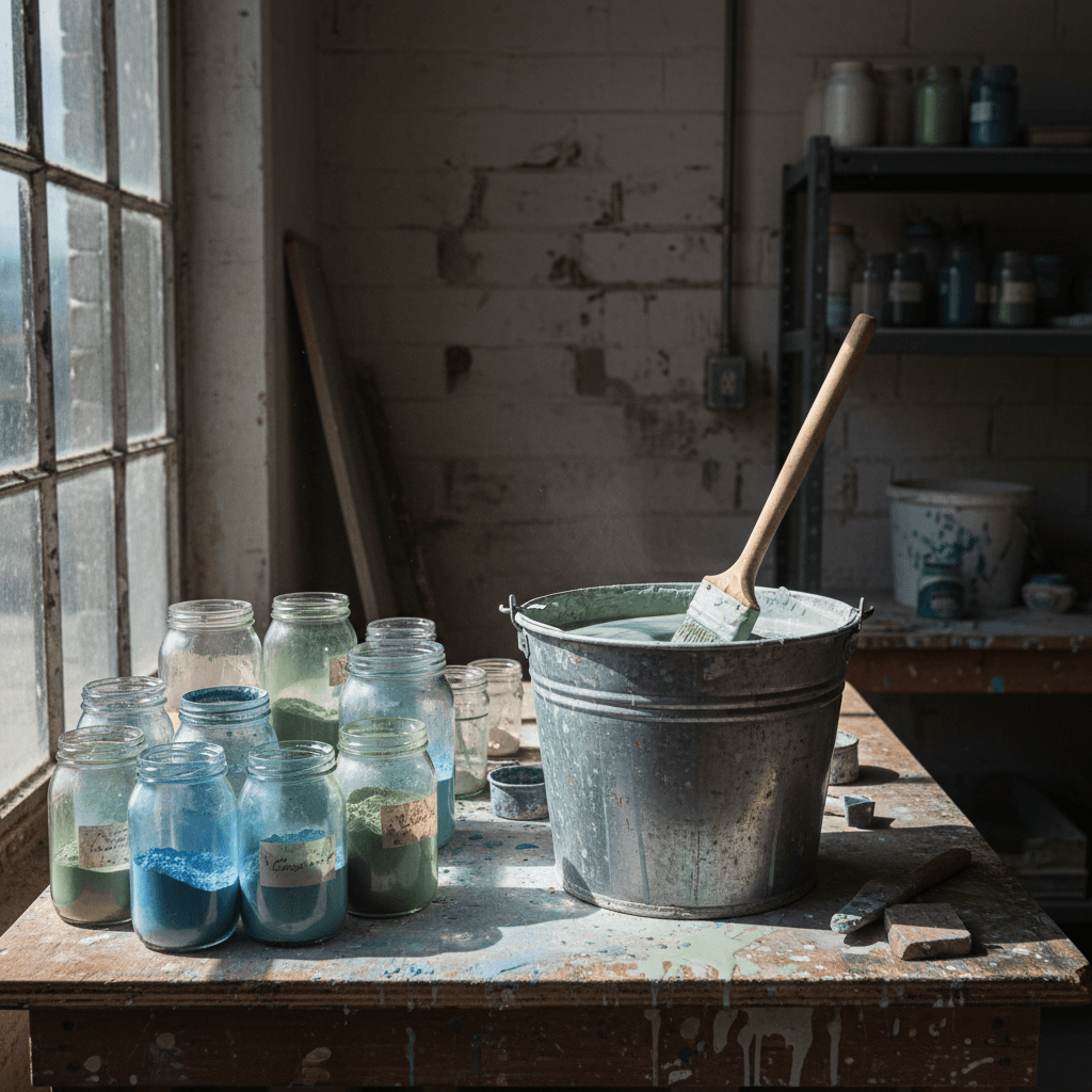 Jars of glaze pigments and a stirring brush