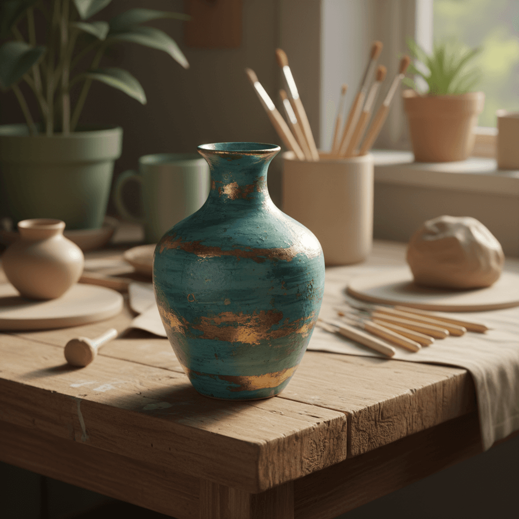 Hand-painted ceramic vase with teal and gold glaze