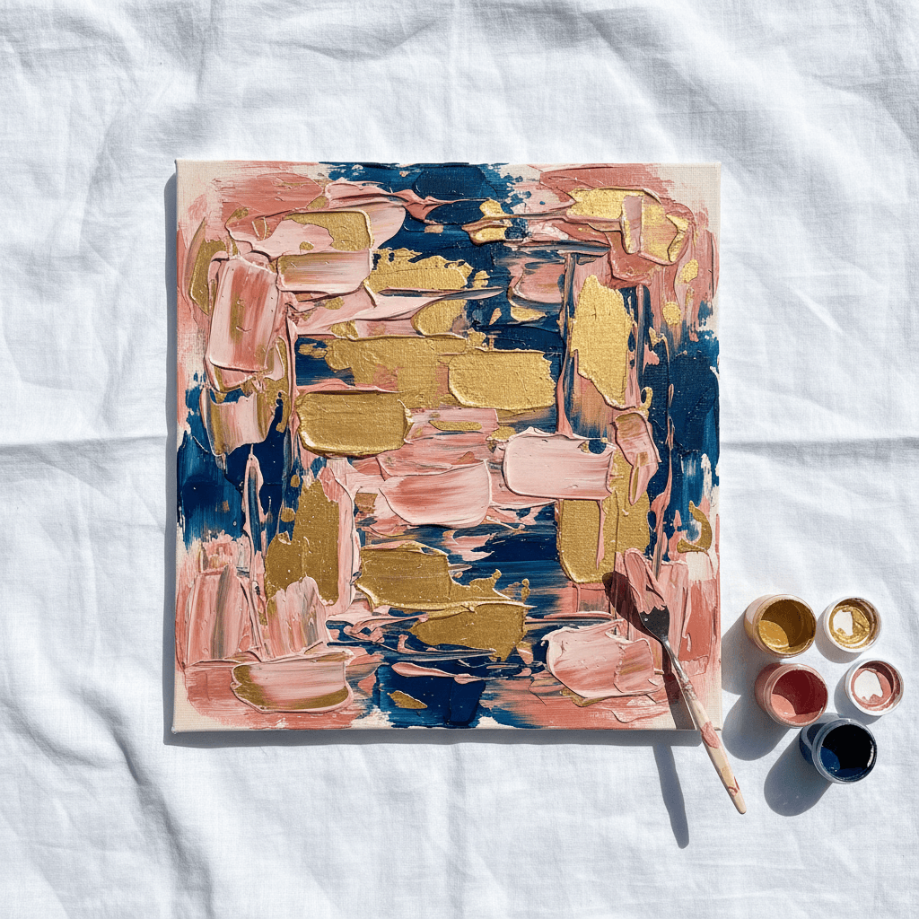 Finished abstract textured art panel in pink gold and navy
