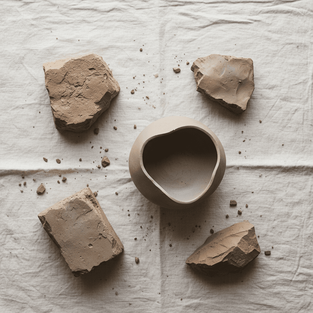 Raw stoneware clay blocks and a half-finished vessel