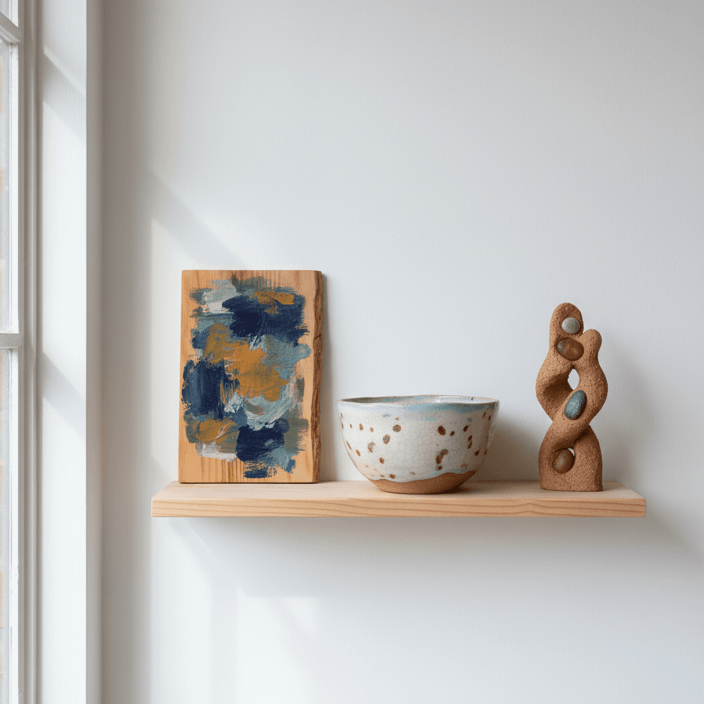 Collection of completed handmade art pieces on a shelf
