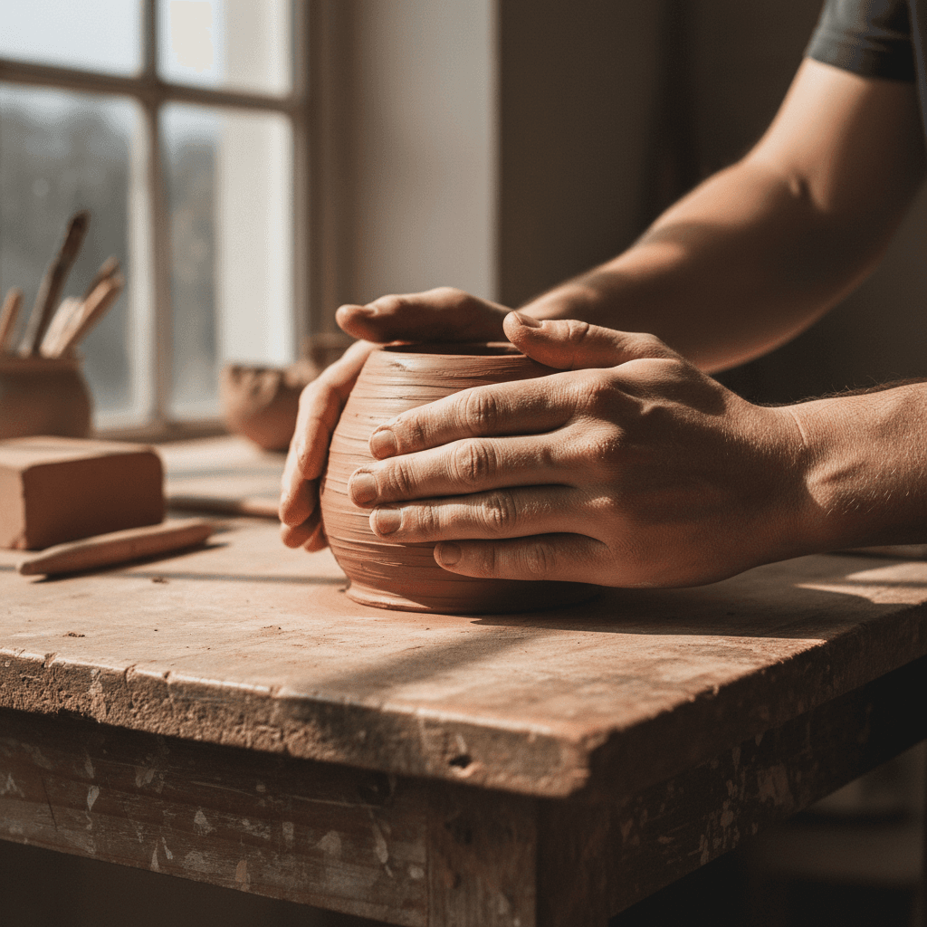 Artist's hands shaping a coiled clay vessel