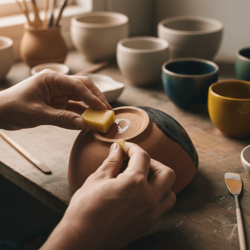Hands applying wax to a finished ceramic bowl