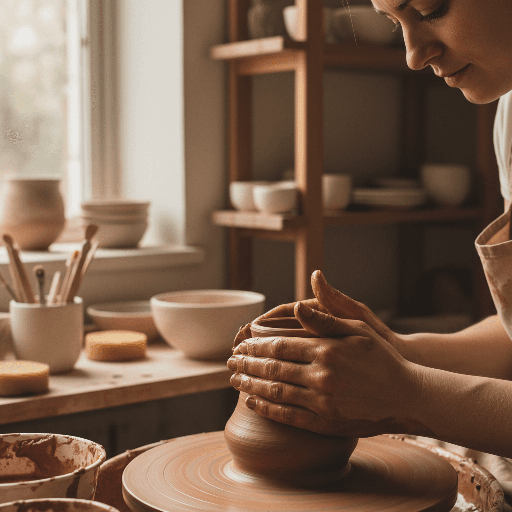 Artist's hands shaping clay on a pottery wheel in a sunlit studio