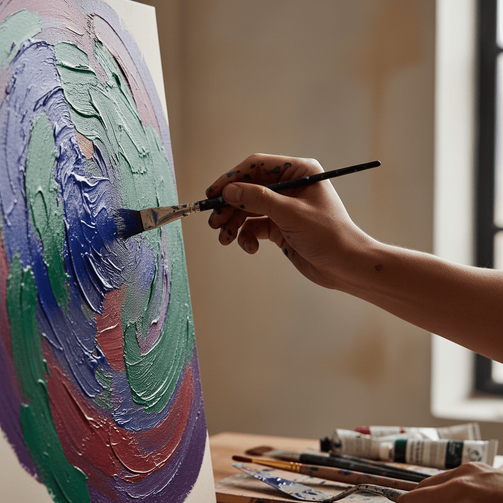 Artist painting a colorful abstract canvas