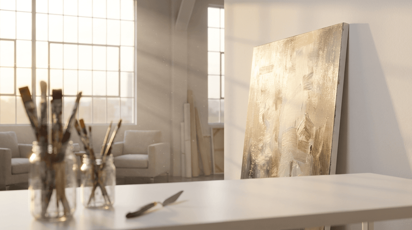 Artist's studio workbench with handmade art pieces in progress, lit by morning sunlight